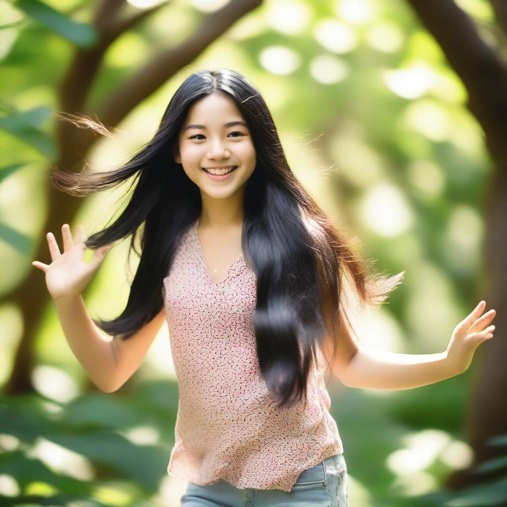 A beautiful Asian teenage girl with long, flowing black hair, dancing gracefully in a vibrant, natural setting