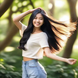 A beautiful Asian teenage girl with long, flowing black hair, dancing gracefully in a vibrant, natural setting