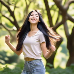 A beautiful Asian teenage girl with long, flowing black hair, dancing gracefully in a vibrant, natural setting