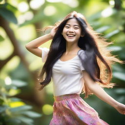 A beautiful Asian teenage girl with long, flowing black hair, dancing gracefully in a vibrant, natural setting