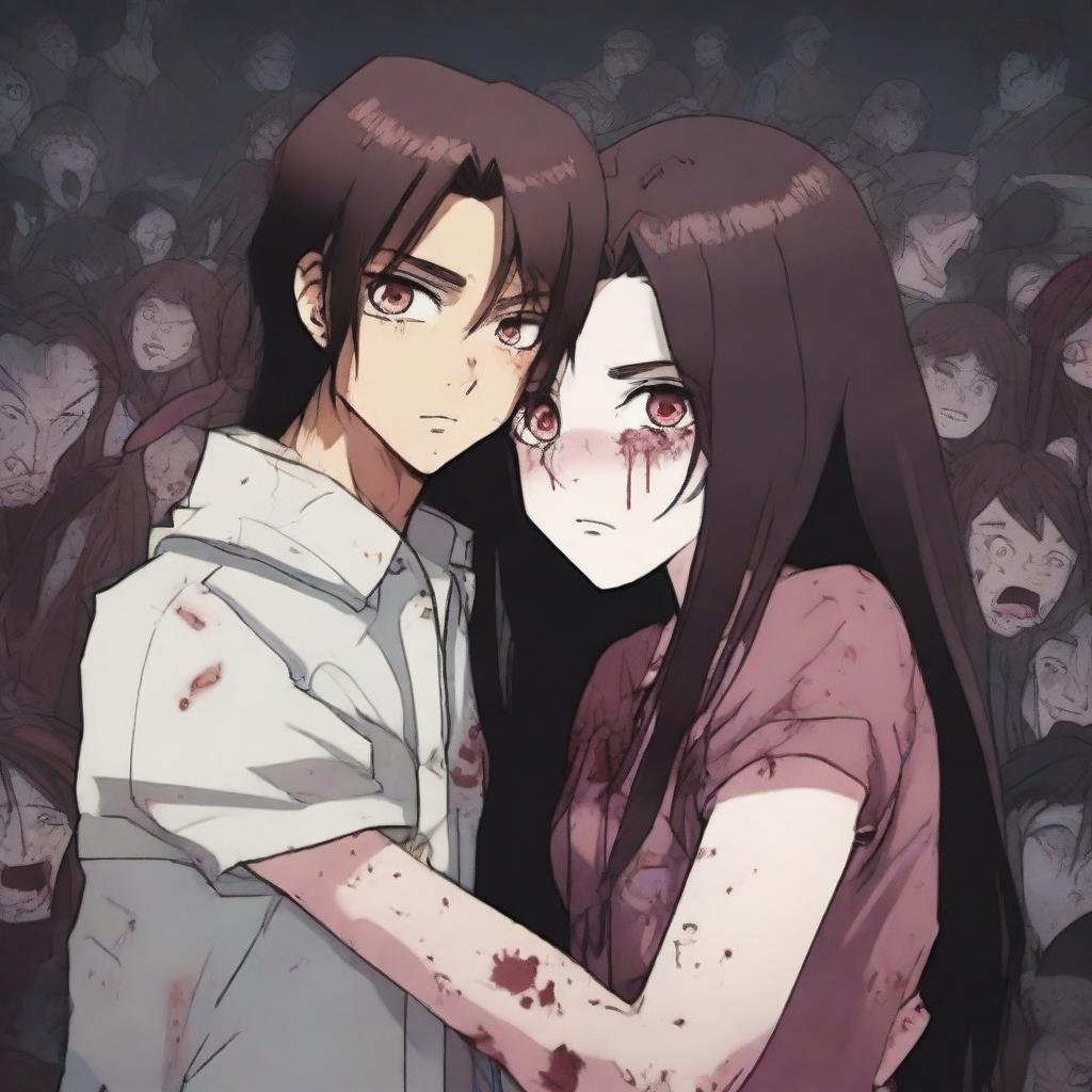 A girl with long brown hair, fair skin, and burgundy eyes with a scared expression is hugging and looking at a boy with black hair and heterochromia, who has an evil smile