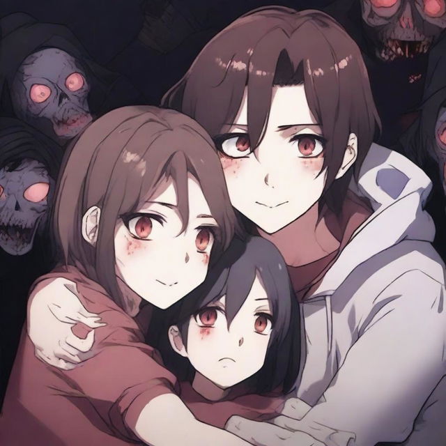 A girl with long brown hair, fair skin, and burgundy eyes with a scared expression is hugging and looking at a boy with black hair and heterochromia, who has an evil smile