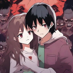 A girl with long brown hair, fair skin, and burgundy eyes with a scared expression is hugging and looking at a boy with black hair and heterochromia, who has an evil smile