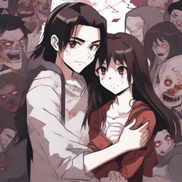 A girl with long brown hair, fair skin, and burgundy eyes with a scared expression is hugging and looking at a boy with black hair and heterochromia, who has an evil smile