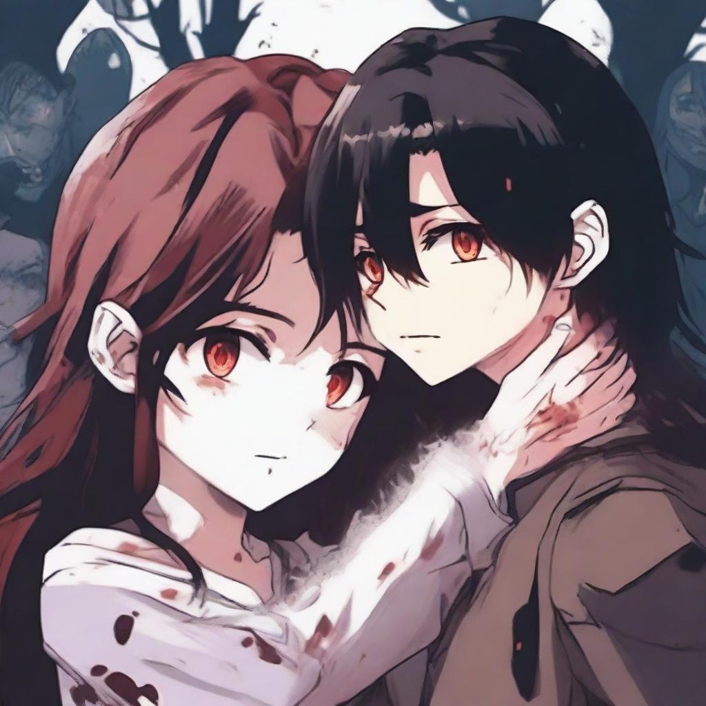 A girl with long brown hair, fair skin, and burgundy eyes with a scared expression is hugging and looking at a boy with black hair and heterochromia, who has an evil smile