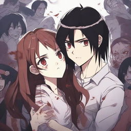 A girl with long brown hair, fair skin, and burgundy eyes with a scared expression is hugging and looking at a boy with black hair and heterochromia, who has an evil smile