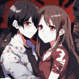 A girl with long brown hair, fair skin, and burgundy eyes with a scared expression is hugging and looking at a boy with black hair and heterochromia, who has an evil smile