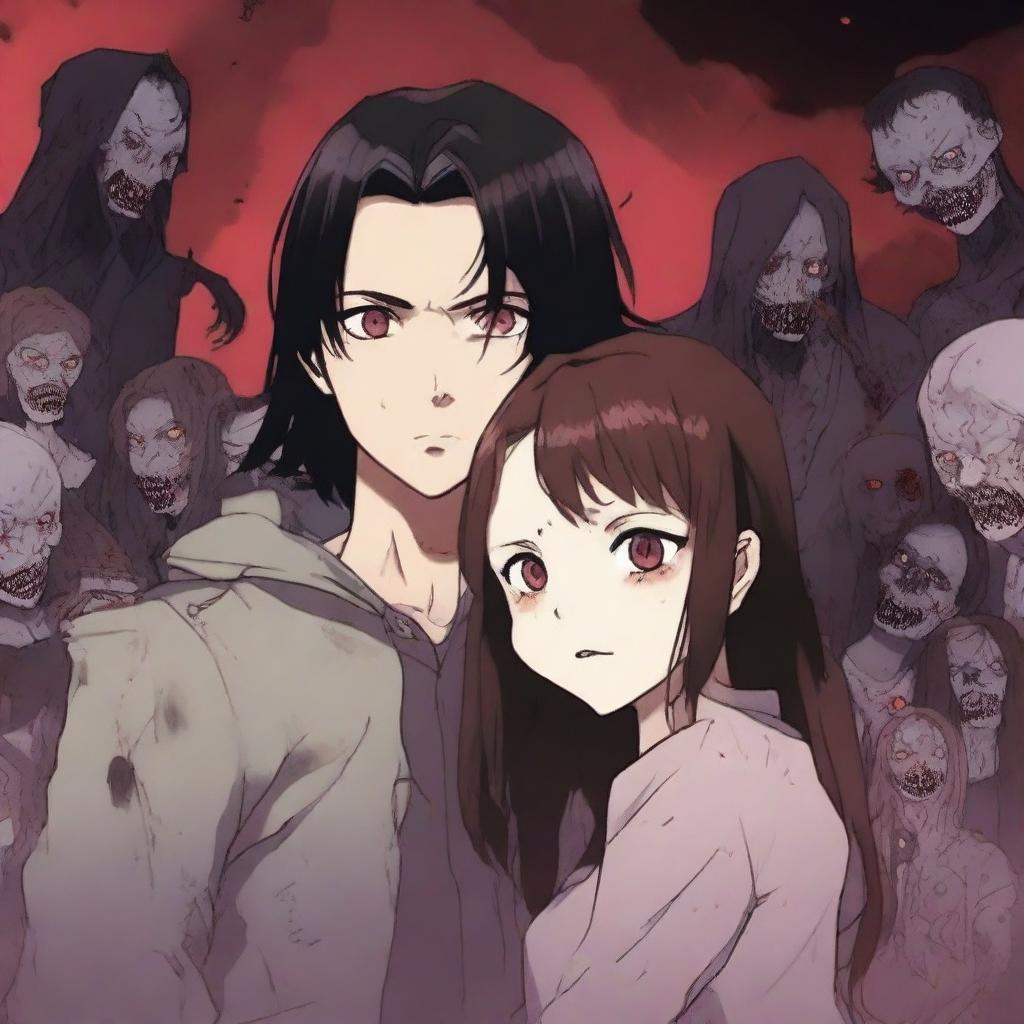 A girl with long brown hair, fair skin, and burgundy eyes with a scared expression is hugging and looking at a boy with black hair and heterochromia, who has an evil smile