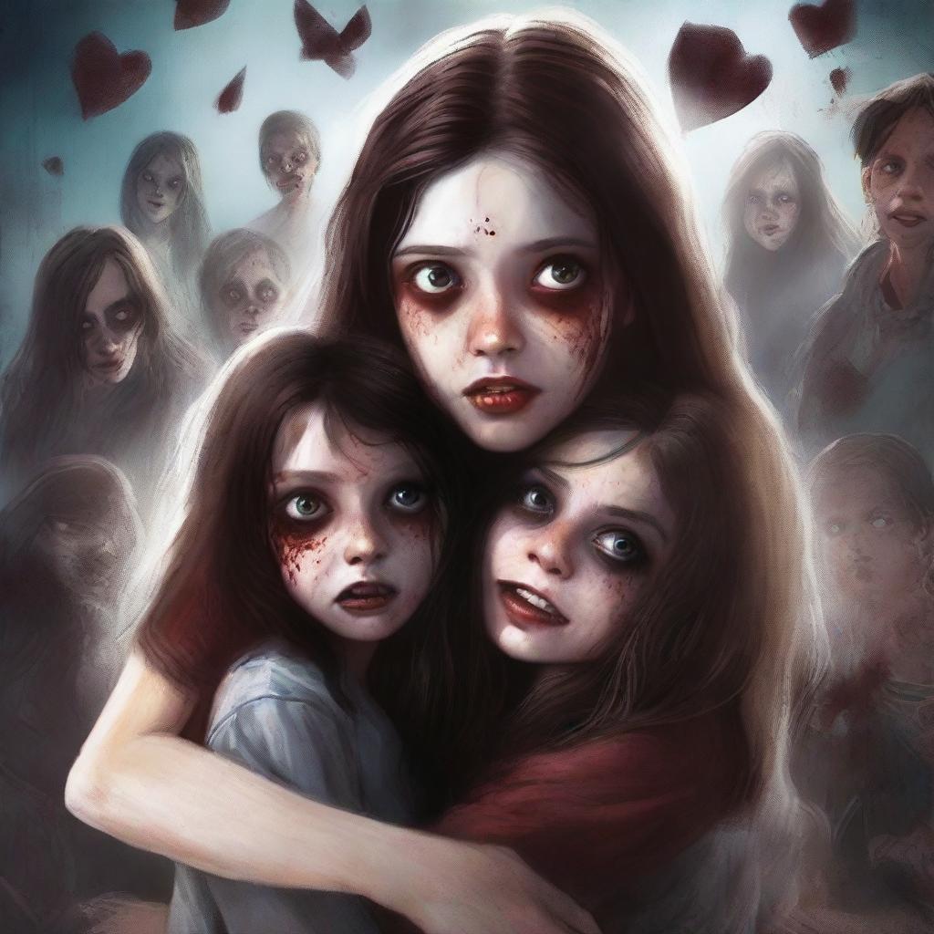 Create a realistic book cover featuring a girl with long brown hair, fair skin, and burgundy eyes with a scared expression