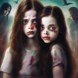 Create a realistic book cover featuring a girl with long brown hair, fair skin, and burgundy eyes with a scared expression