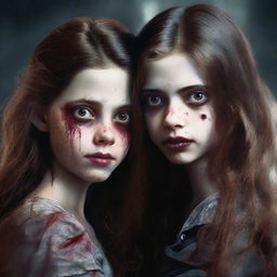 Create a realistic book cover featuring a girl with long brown hair, fair skin, and burgundy eyes with a scared expression