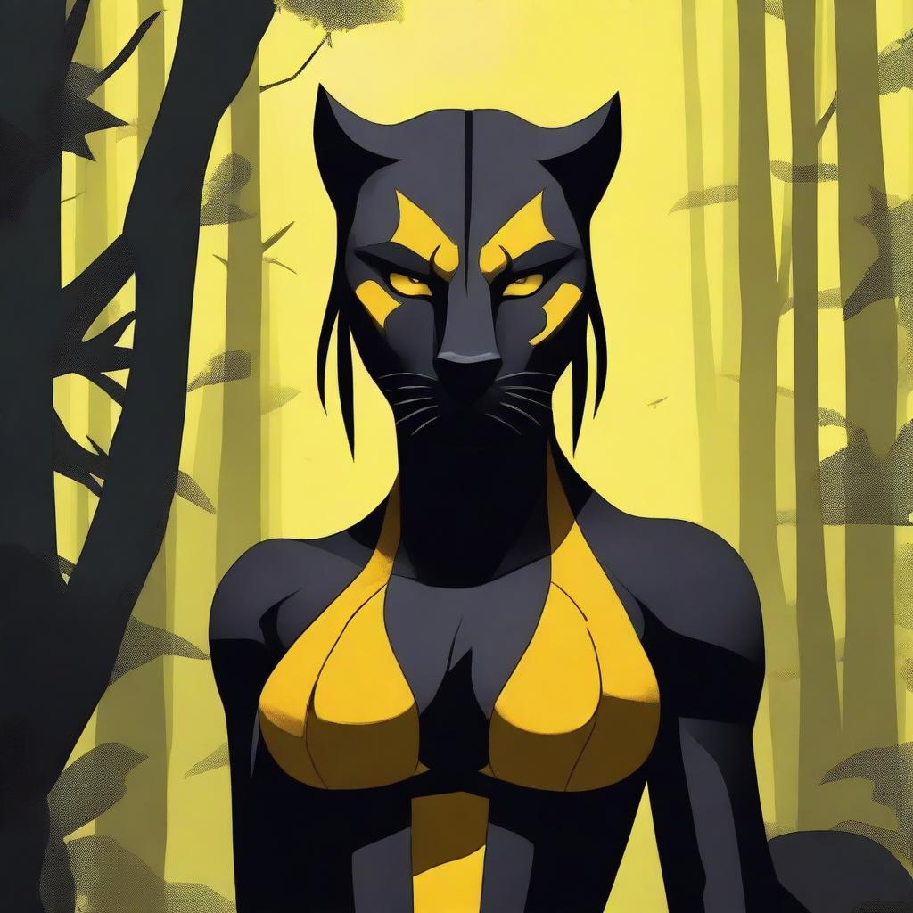 Create an image of a tall and strong panther woman with a scar on her right eye