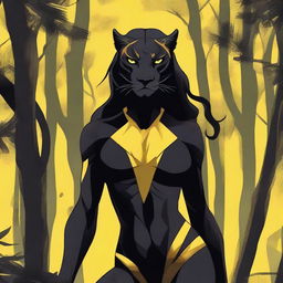 Create an image of a tall and strong panther woman with a scar on her right eye