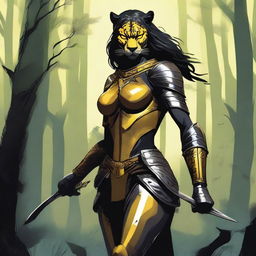 Create an image of a tall and strong panther woman warrior with a scar on her right eye