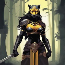 Create an image of a tall and strong panther woman warrior with a scar on her right eye