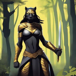 Create an image of a tall and strong panther woman warrior with a scar on her right eye