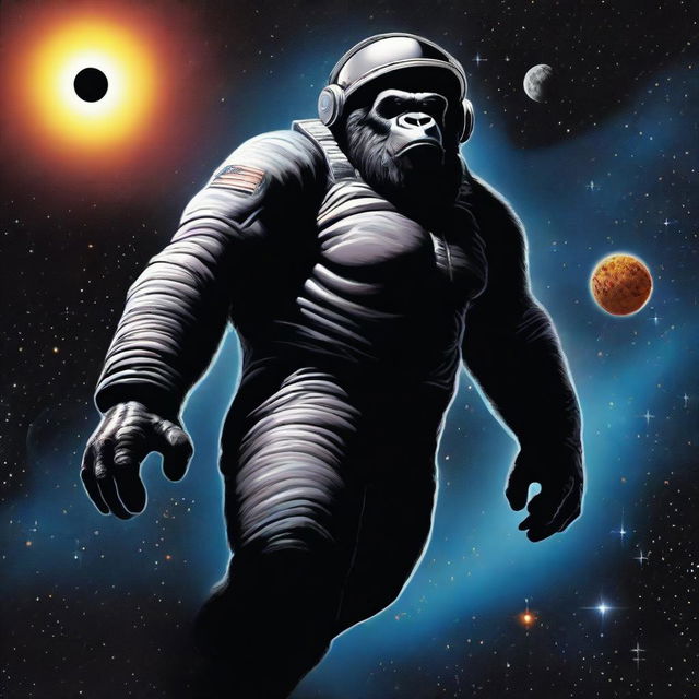 A detailed illustration of King Kong dressed as an astronaut, wearing a helmet, floating in space near a black hole