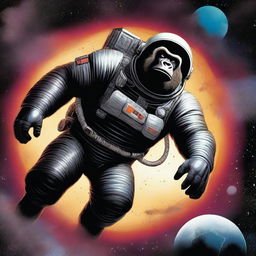 A detailed illustration of King Kong dressed as an astronaut, wearing a helmet, floating in space near a black hole