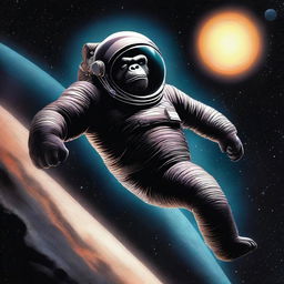 A detailed illustration of King Kong dressed as an astronaut, wearing a helmet, floating in space near a black hole