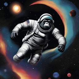 A detailed illustration of King Kong dressed as an astronaut, wearing a helmet, floating in space near a black hole