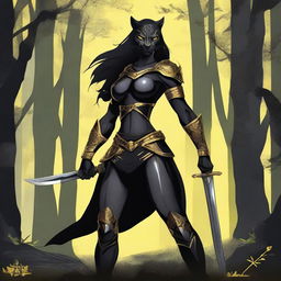 Create an image of a tall and strong panther woman warrior with a scar on her right eye