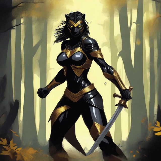 Create an image of a tall and strong panther woman warrior with a scar on her right eye