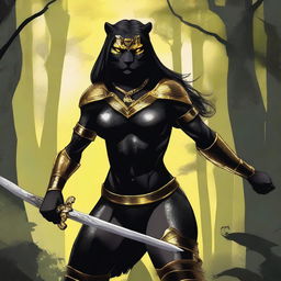 Create an image of a tall and strong panther woman warrior with a scar on her right eye