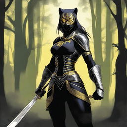 Create an image of a tall and strong panther woman warrior with a large and deep scar on her right eye