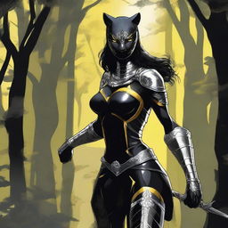 Create an image of a tall and strong panther woman warrior with a large and deep scar on her right eye