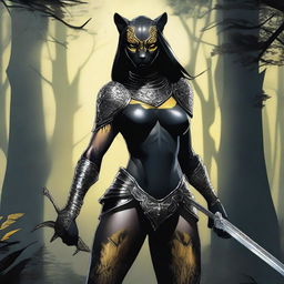 Create an image of a tall and strong panther woman warrior with a large and deep scar on her right eye