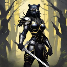 Create an image of a tall and strong panther woman warrior with a large and deep scar on her right eye