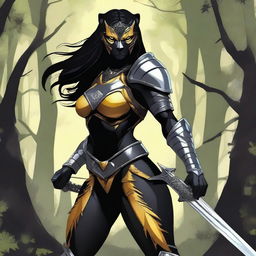 Create an image of a tall and strong panther woman warrior with a large and deep scar on her right eye