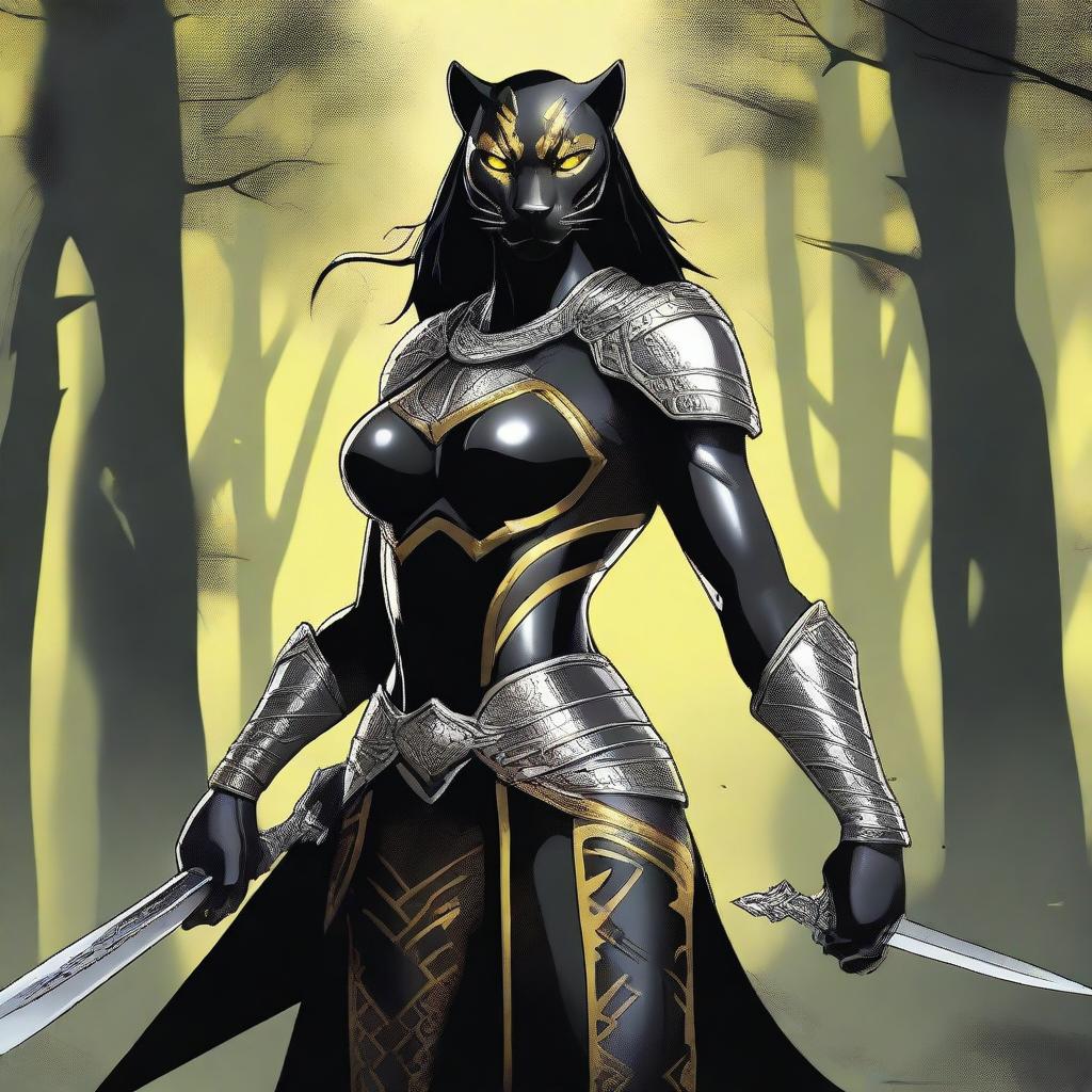 Create an image of a tall and strong panther woman warrior with a large and deep scar on her right eye