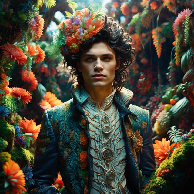 Hyper-realistic 3D photograph of an androgynous Russian man in a mystical forest, adorned with intricate flowers, captured in ultra-high definition with cinematic photography style evoking Rococo and fantasy vibes.