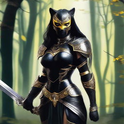 Create an image of a tall and strong panther woman warrior with a large and deep scar on her right eye