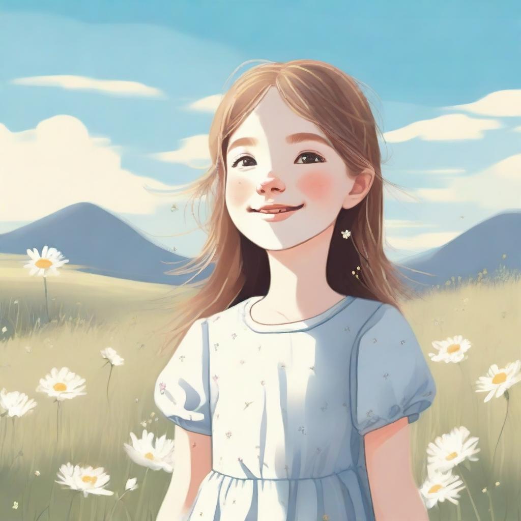 A detailed illustration of a young girl standing in a peaceful meadow with flowers blooming around her