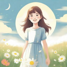 A detailed illustration of a young girl standing in a peaceful meadow with flowers blooming around her