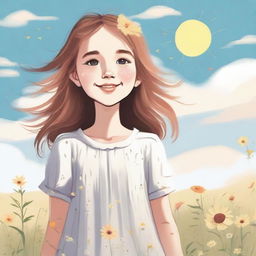 A detailed illustration of a young girl standing in a peaceful meadow with flowers blooming around her