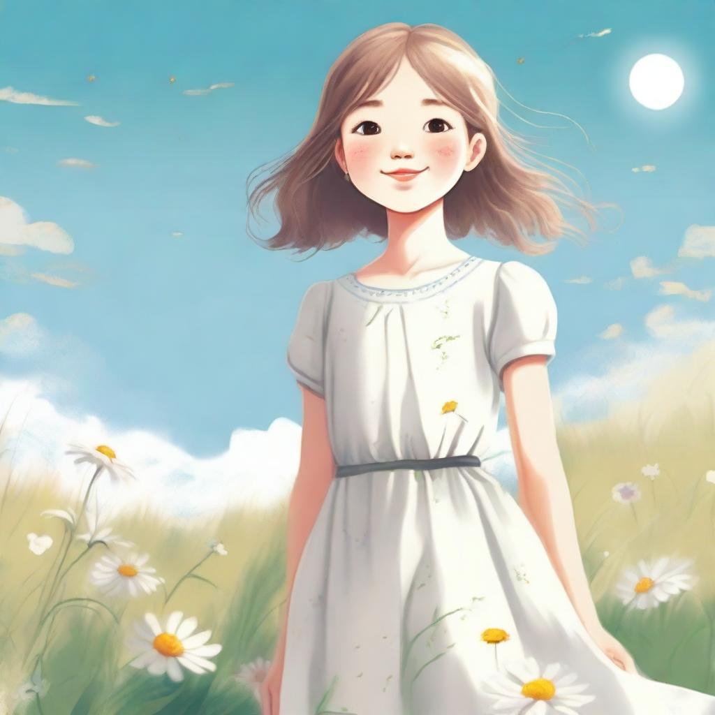 A detailed illustration of a young girl standing in a peaceful meadow with flowers blooming around her