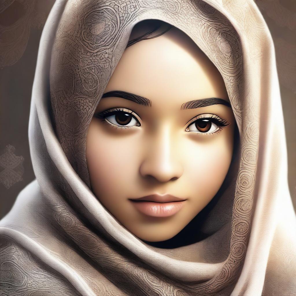 A beautiful illustration of a young girl wearing a hijab, with a serene and peaceful expression on her face