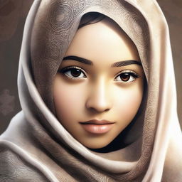 A beautiful illustration of a young girl wearing a hijab, with a serene and peaceful expression on her face