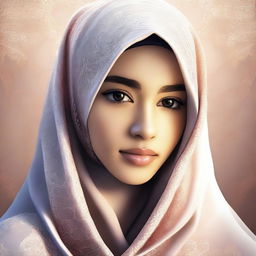 A beautiful illustration of a young girl wearing a hijab, with a serene and peaceful expression on her face