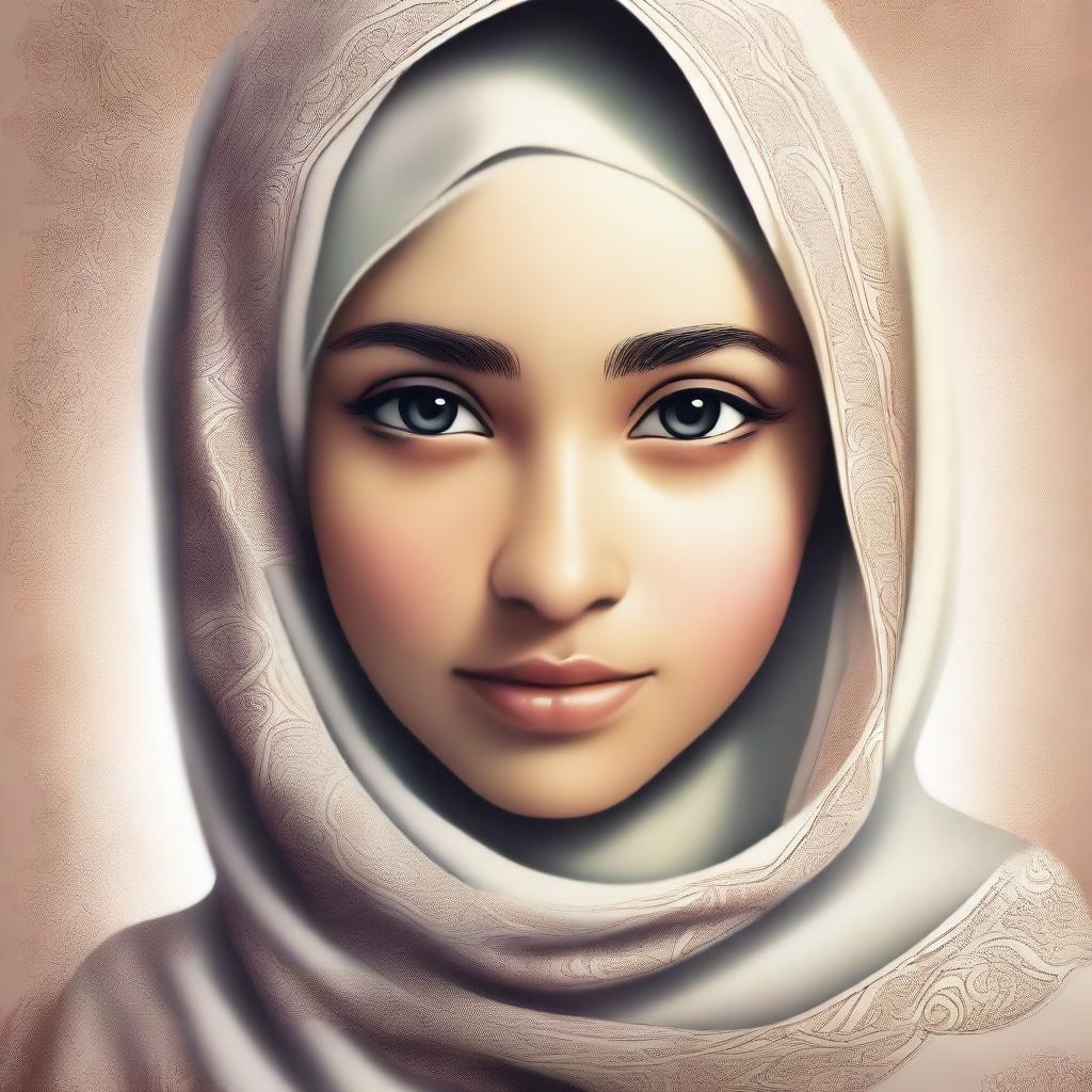 A beautiful illustration of a young girl wearing a hijab, with a serene and peaceful expression on her face