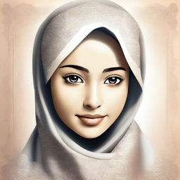 A beautiful illustration of a young girl wearing a hijab, with a serene and peaceful expression on her face