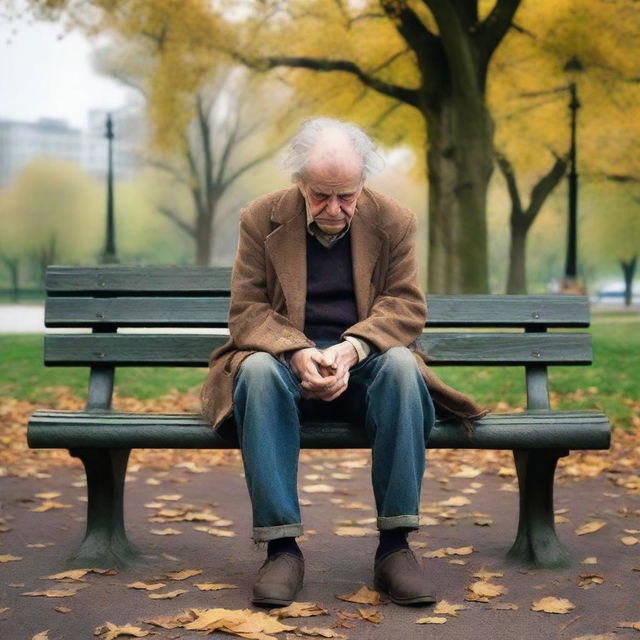 A sad old tramp sitting alone on a park bench