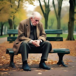 A sad old tramp sitting alone on a park bench