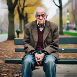 A sad old tramp sitting alone on a park bench