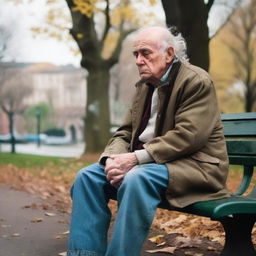 A sad old tramp sitting alone on a park bench