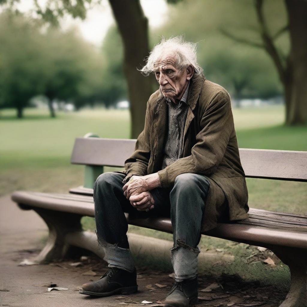 An old and frail thug, dressed in tattered clothing, sitting on a park bench looking defeated