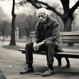 An old and frail thug, dressed in tattered clothing, sitting on a park bench looking defeated